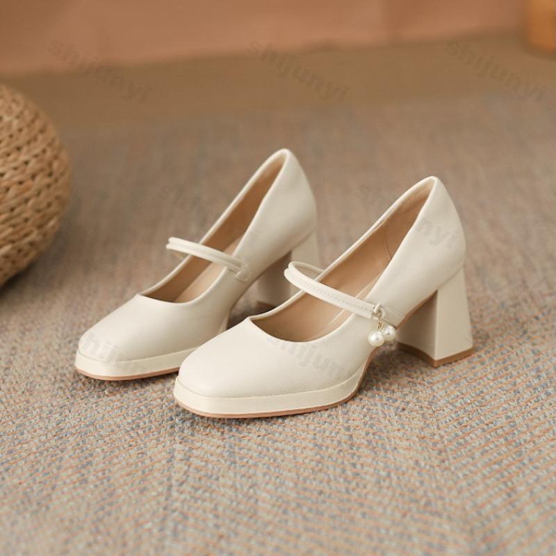 Woman Pumps Spring New Fashion Square Toe Waterproof Platform Chunky Heel Mary Jane Shoes French Style Elegant Versatile Heels