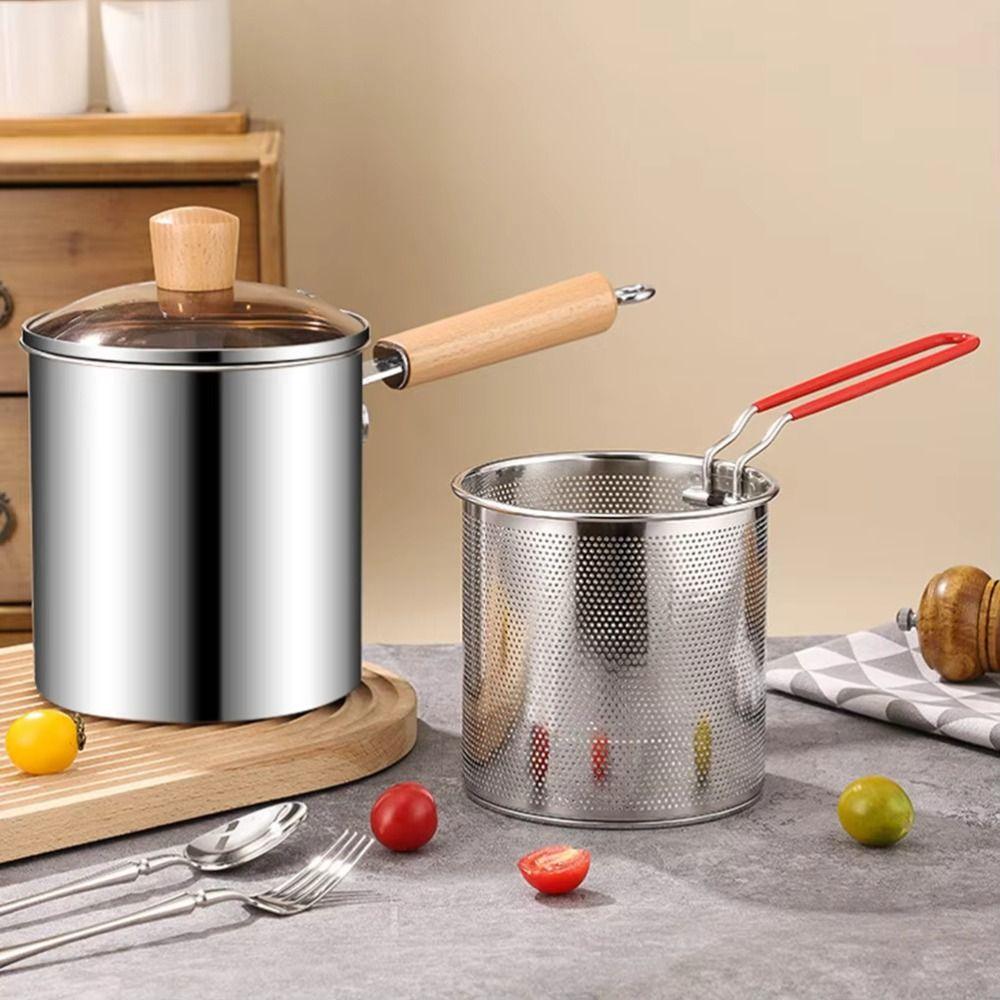 Wood Handle Deep Fryer Pot Strainer Basket Milk Warmer Pot Stainless Steel Frying Pan  French Fries