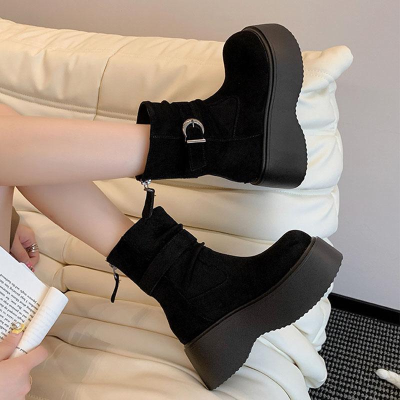 Fashion Retro Thick Bottom Heightening Boots Women's Shoes Autumn New Versatile Suede Solid High Heels Goth Chelsea Botas Ladies Shoes