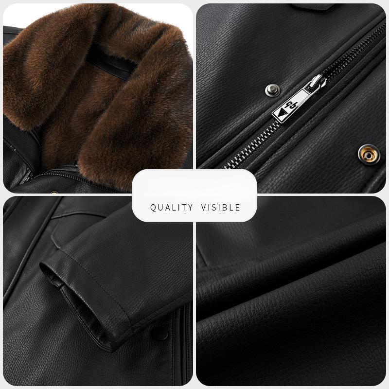 New mid-length genuine leather jacket for men, casual middle-aged fur integrated lapel plus velvet thickened jacket for winter
