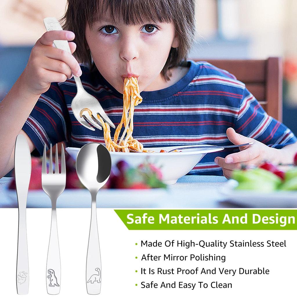 9Pcs Kids Silverware Set Stainless Steel Kids Fork Spoon and Cutter Set Ergonomic Toddler Utensils Funny Dinosaur Kids Flatware