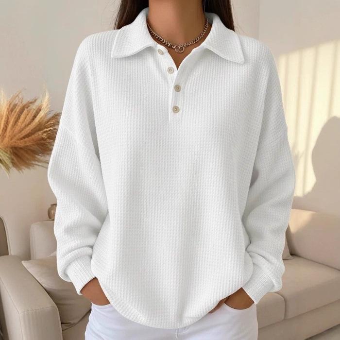 

White Waffle Knit Long Sleeve Slimming Collar Top for Women L белый