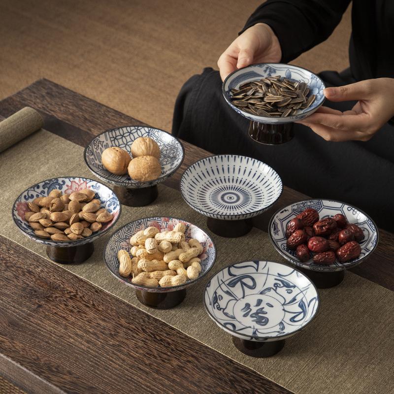 Čínska keramická miska na ovocie Modrobiely porcelán Vysoká noha Tanier na čajové pečivo Vynikajúci keramický šperk Tácka na odkladanie čajových šálok
