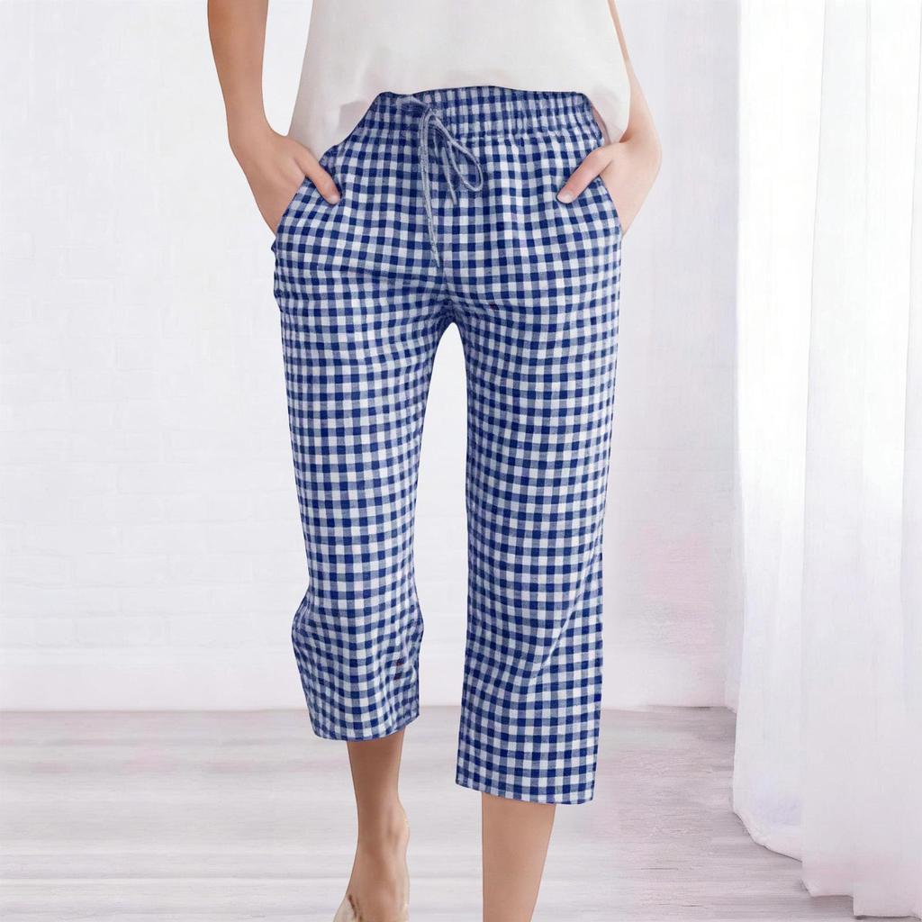Women's Fashion Tartan Print Elastic Waistband Pocket Loose Casual Seven-Eighths   7/10  PantS