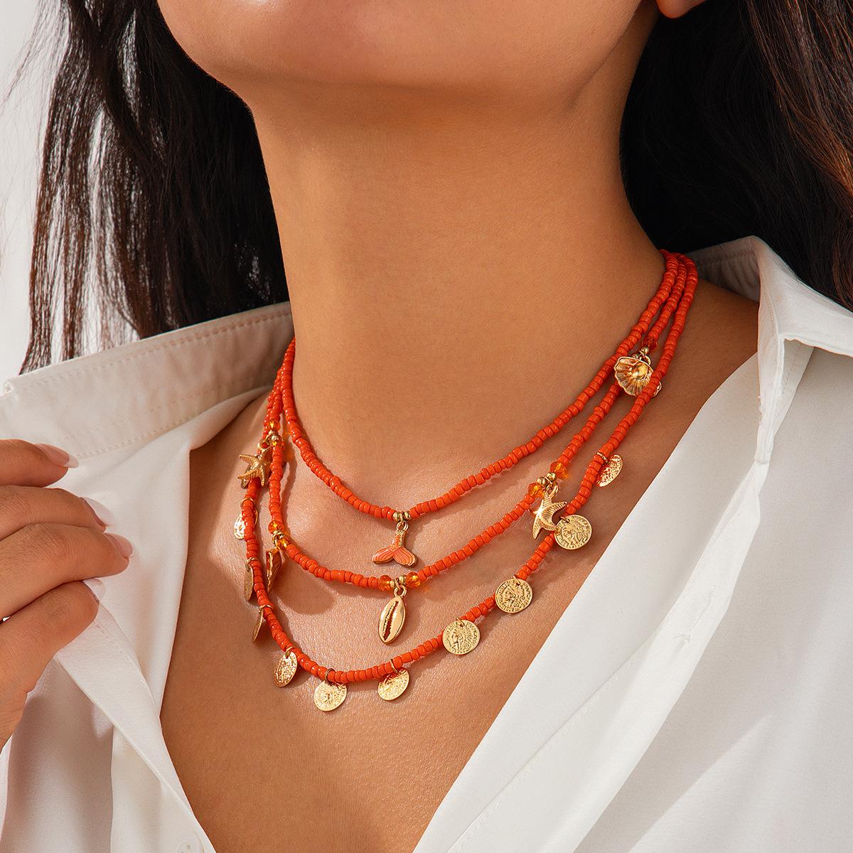 Holiday Wind Sequined Shell Starfish Collarbone Necklace, Colored Rice Beads Beaded Fish Tail Necklace For Women