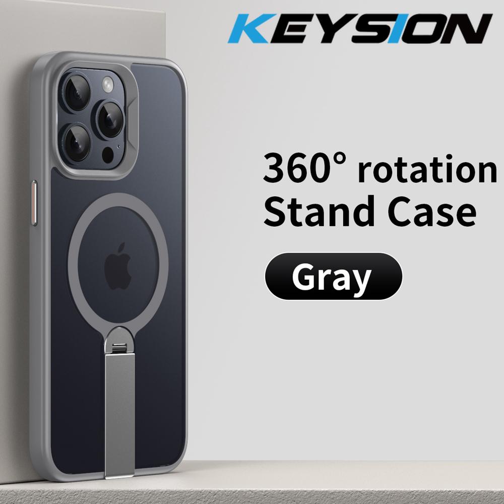 

KEYSION 360 Скрытая металлическая подставка Магнитный чехол для Magsafe для iPhone 13 14 15 Pro Max 15 Plus Прозрачный матовый противоударный чехол для телефона for iPhone 13 Pro Max серый