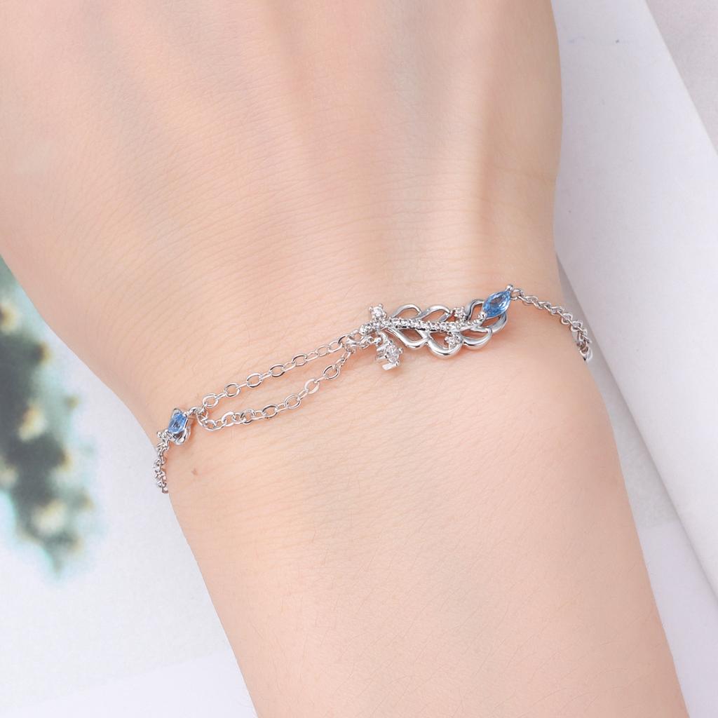 PANPOKI New 925 Silver Blue Feather Lucky Symbol Bracelet Chain Link Women Bracelet Jewelry Party Trendy Gifts