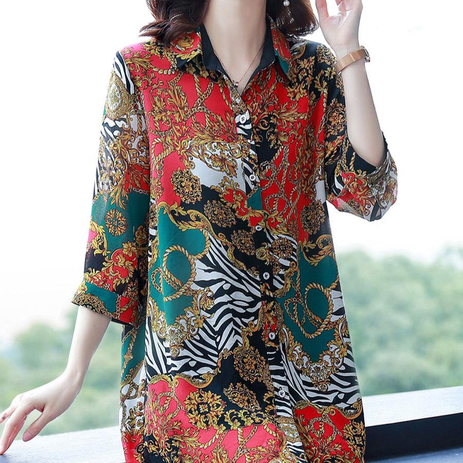 Large Size Shirt Women's Mid Length Chiffon Floral Shirt Summer Sun Protection Shirt T-shirt