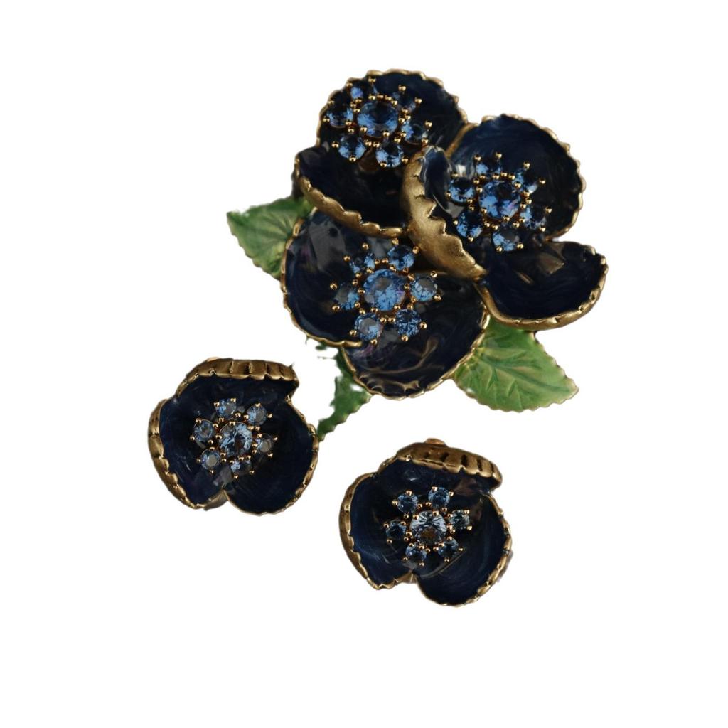 Blue Drip Enamel Cloisonné Flower Brooch and Ear Clip Set