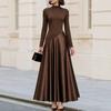 European and American Women's Clothing Brown Semi-turtleneck Long-sleeved Splicing Satin Waist Pendulum Long Dress