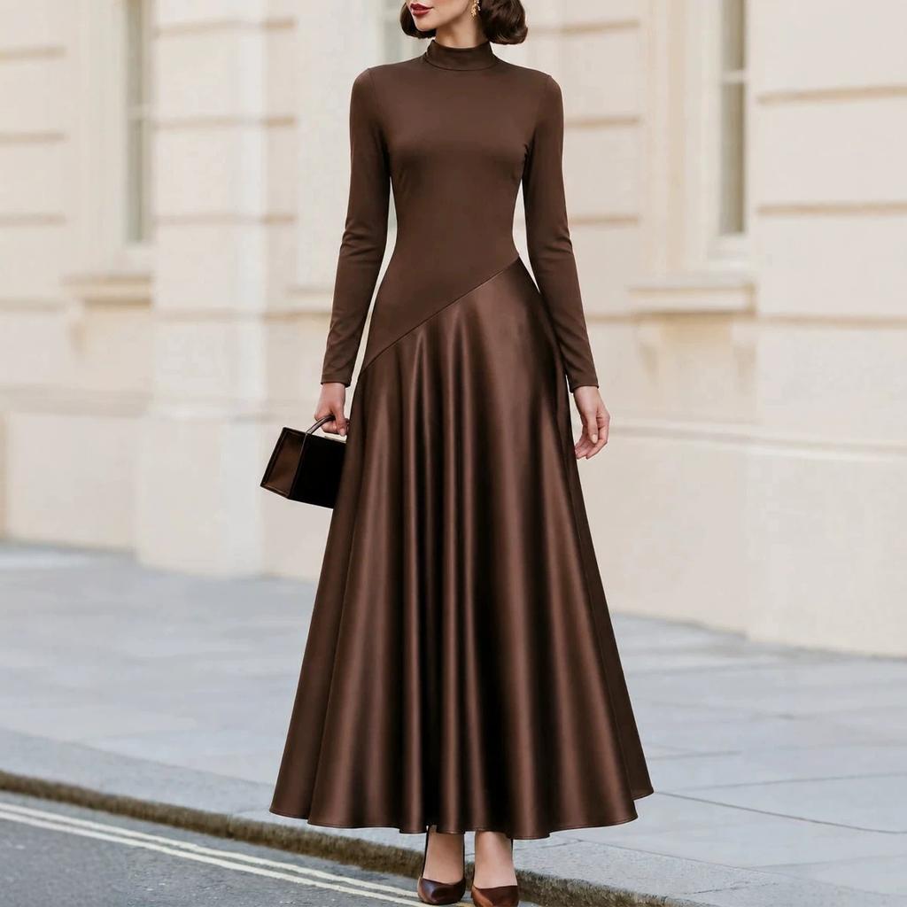 European and American Women's Clothing Brown Semi-turtleneck Long-sleeved Splicing Satin Waist Pendulum Long Dress