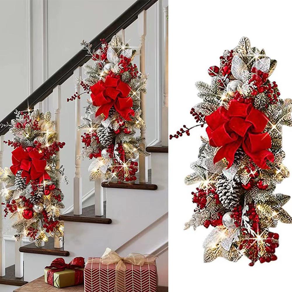Christmas Staircase Decorations With LED Lights Bow Pine Cones Baubles Festive Stair Rail Ornaments For Xmas Home Party Dec D3D1