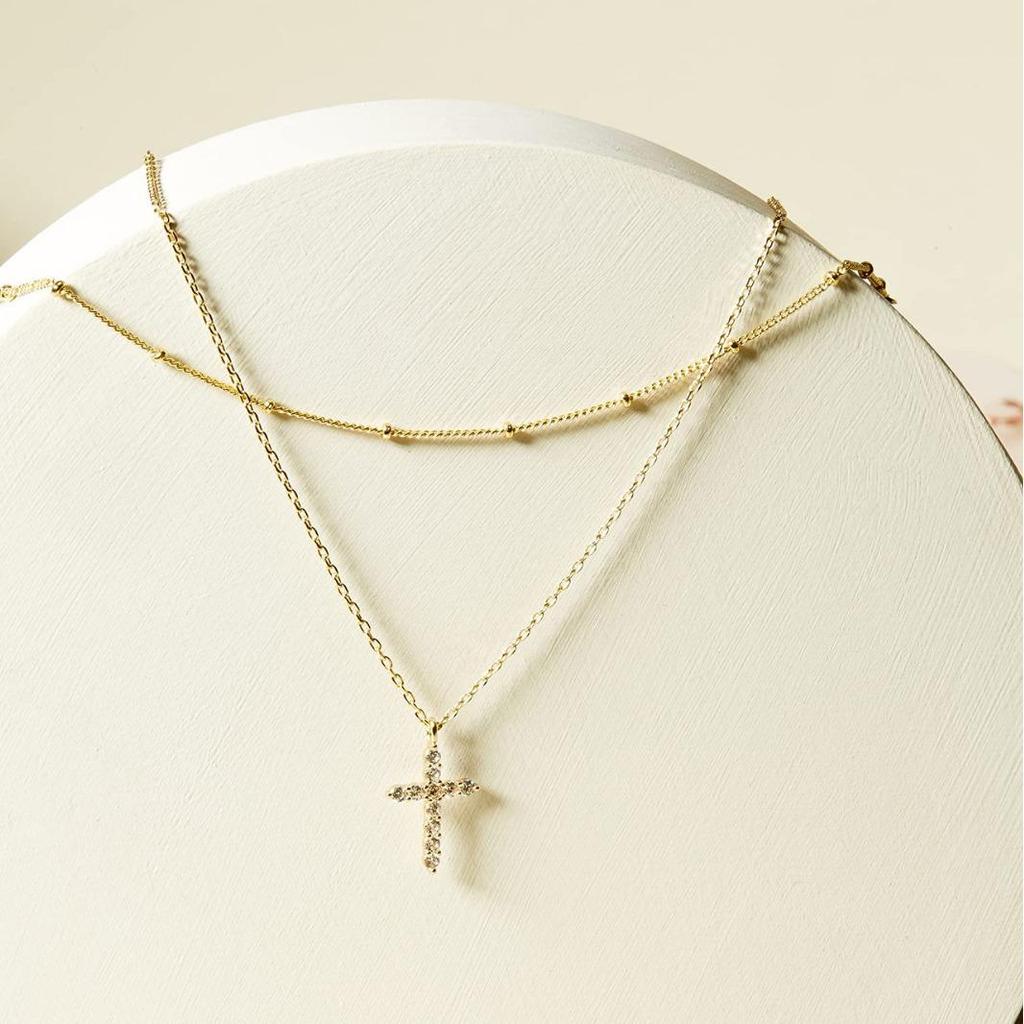 18K Gold Vacuum-Plated Double-Layer Stainless Steel Choker with Zircon Cross for Women