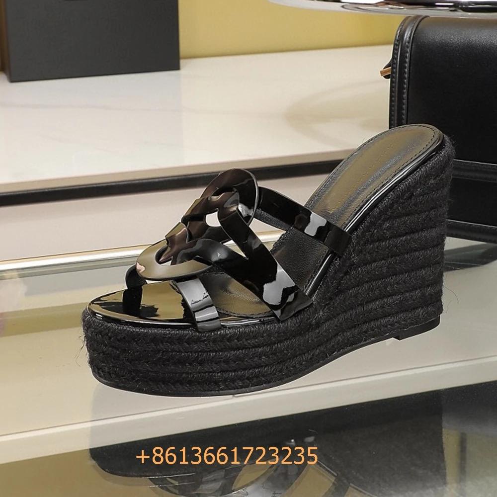 Fashion Corss Strap Patent Leather Platform Women Sandals Wedges Espadrilles Slip On Fashion Heels Open Toe 2025 Summer Newest Slides