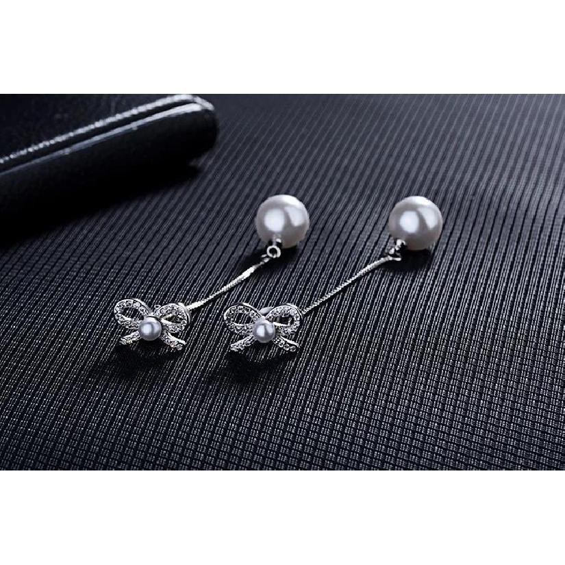 Delicate Genuine 925 Sterling SIlver Needle Sparkling Bow Pearl Earrings Clear Zircon Long Tassel Women Party Luxury Jewelry
