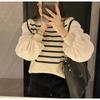 2025 Autumn Black & White Striped Puff Sleeve Sweater Knitwear Top