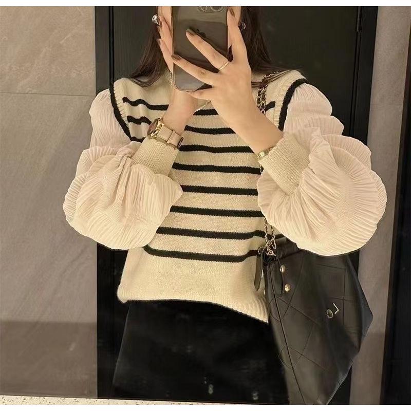 2025 Autumn Black & White Striped Puff Sleeve Sweater Knitwear Top