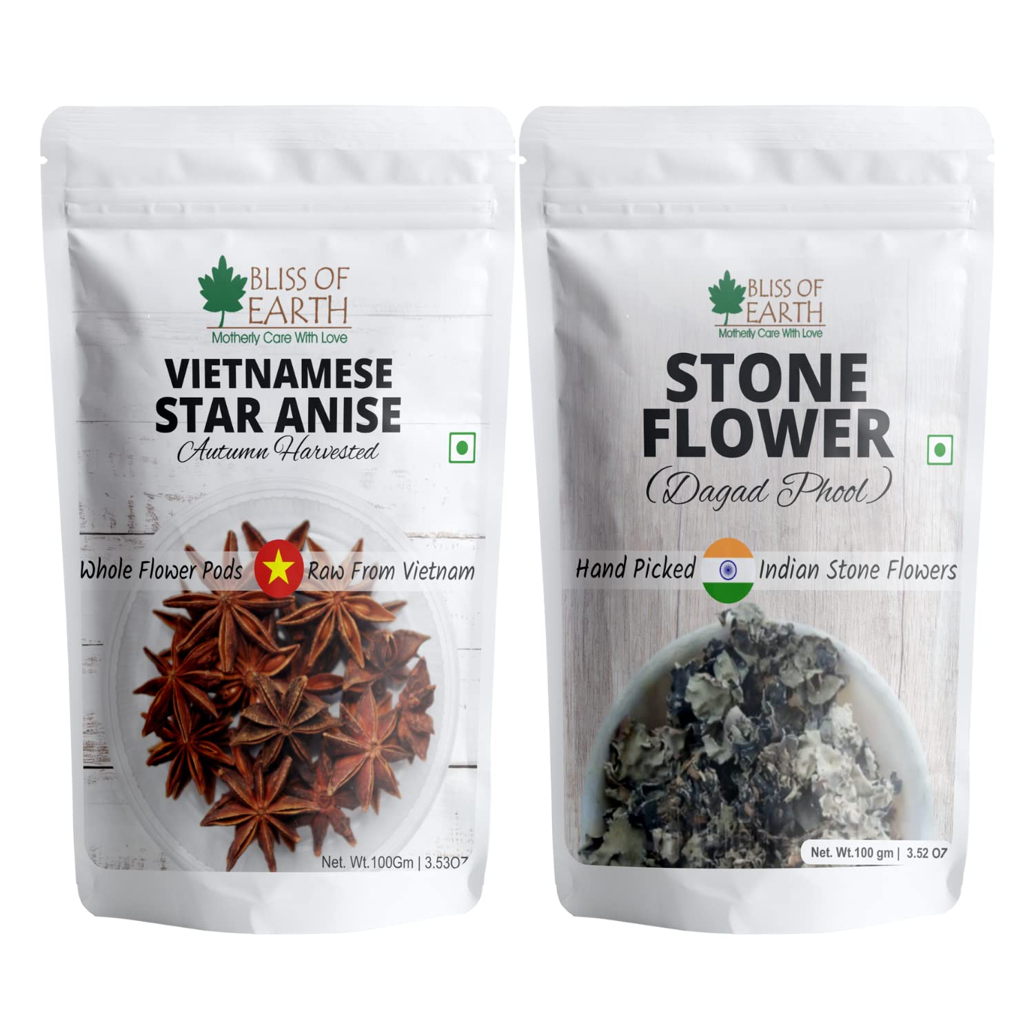 Bliss of Earth 100gm Star Anise Whole spices, Chakra Phool + 100gm Stone Flower, Dagad Phool, Kalpasi, Patthar Ke Phool Aromatic Spice Great for