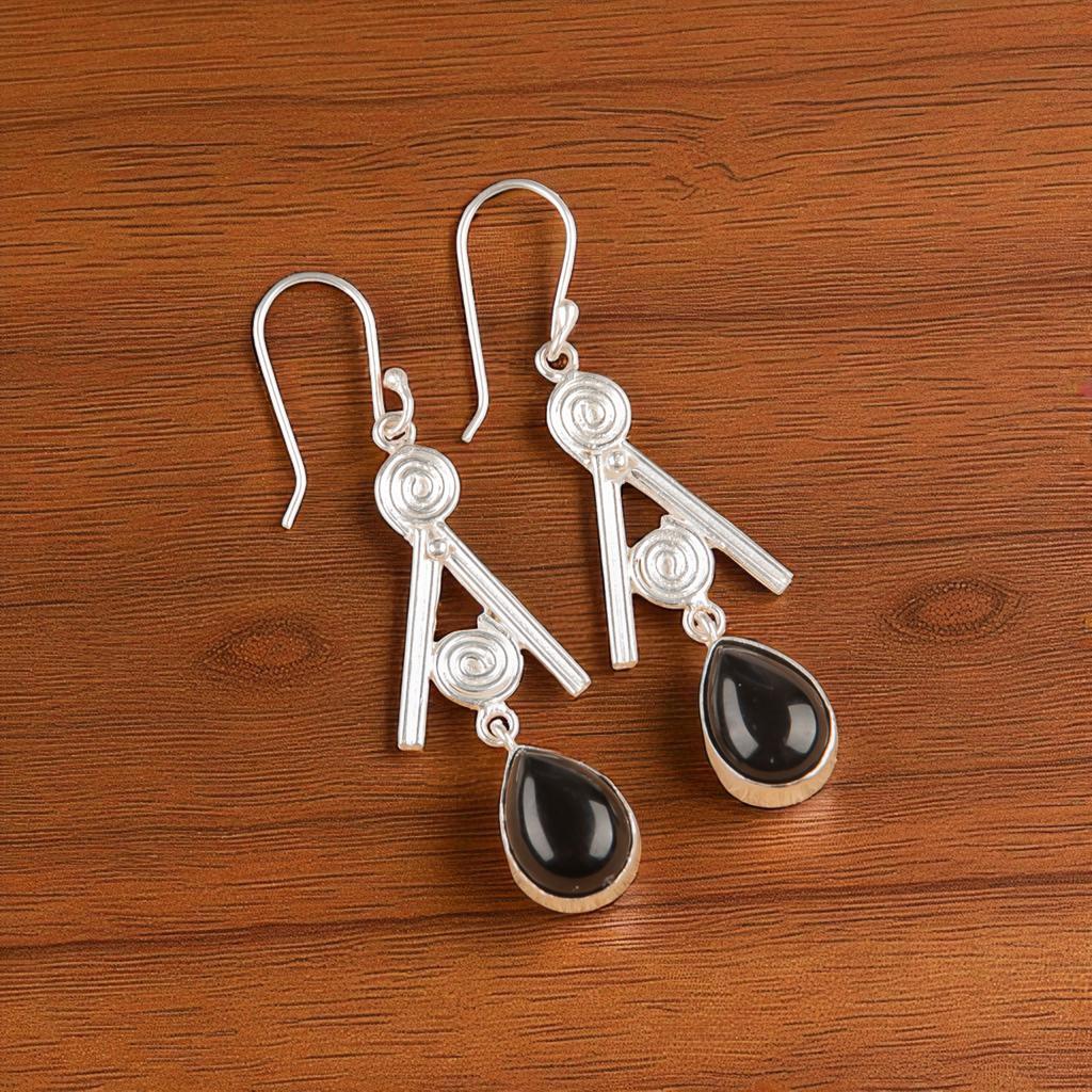 Rare Black Tourmaline Gemstone 925 Sterling Silver Jewelry Handmade Earrings2.4" EE-86-19