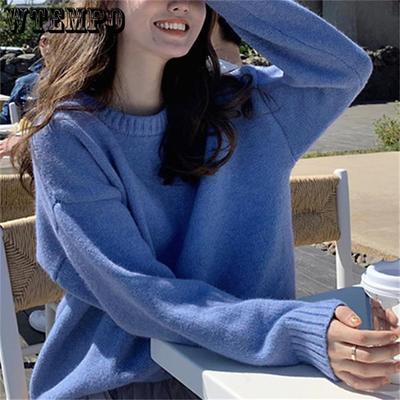 Pullover für Damen, einfarbig, locker, Herbst und Winter, Rundhalsausschnitt, weicher und klebriger Strickpullover