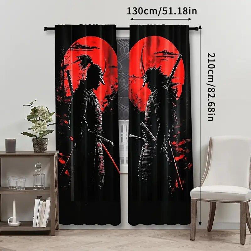 Set Of 2 Japanese Samurai Ink Paintings Print Curtains Pole Bag Home Decoration Room Curtain Polyester
