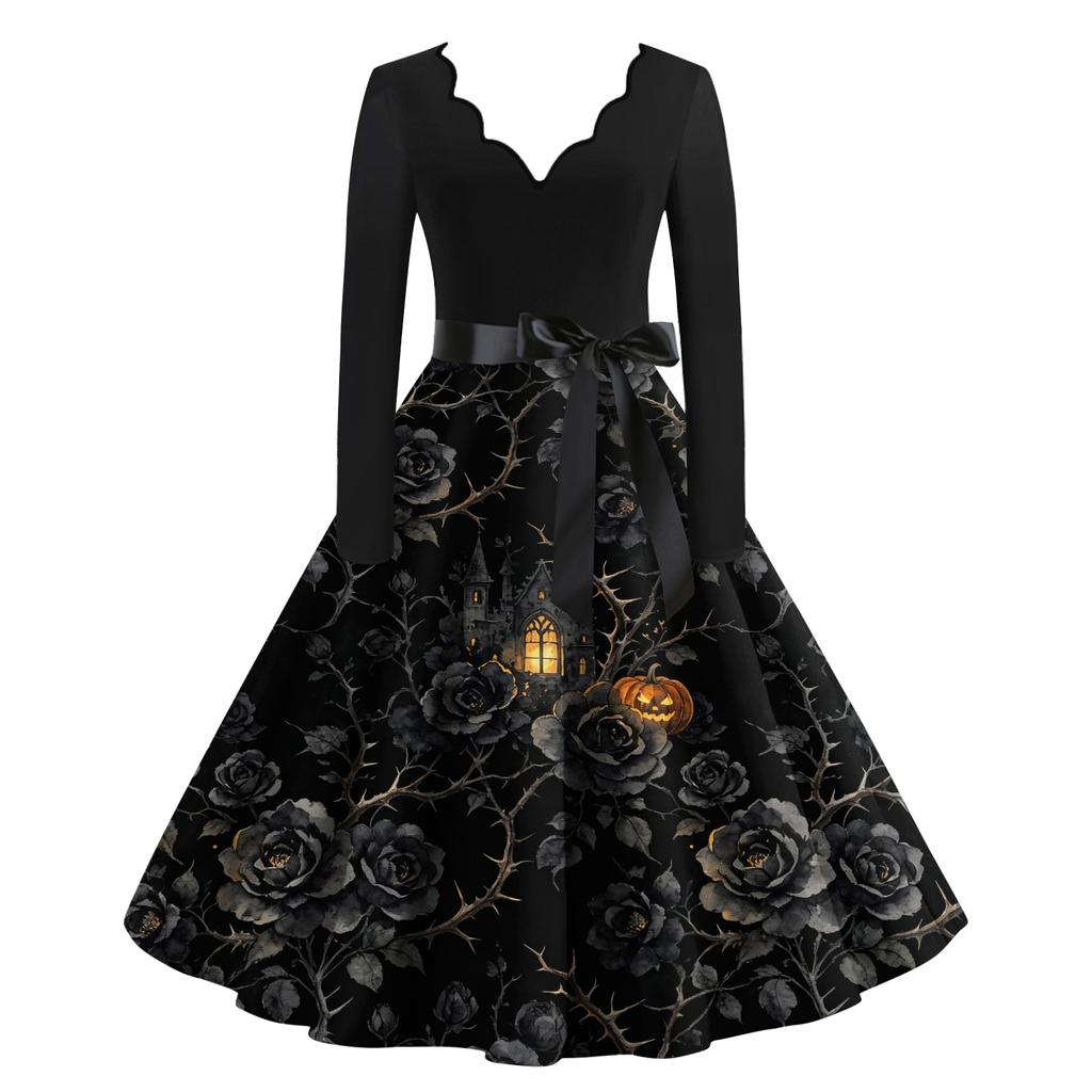 Women's Halloween Printed Maxi Dress for Costume Parties and Holiday Events
