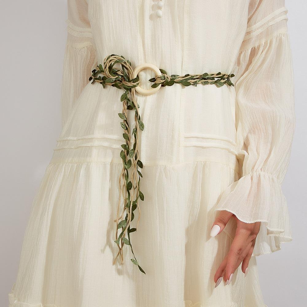 Wooden Ring Buckle Rattan Leaf Belt Boho Style Linen Rope Belt For Wedding Dress
