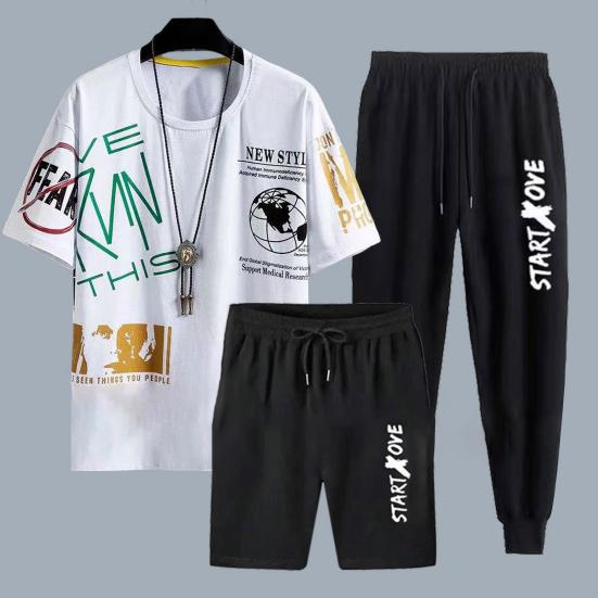 3Pcs/Set Men Sportswear Set Round Neck Short Sleeve T-shirt Elastic Drawstring Waist Shorts Sweatpants Set Printing Tracksuit