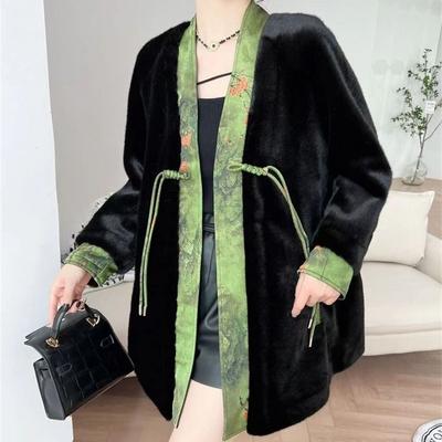 Eco-Friendly Fur Fashion: Long Button-Down Overcoat with Plush Faux Fur and Chinese-Style Detailing