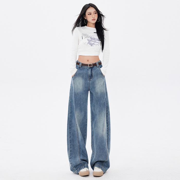 American Retro Silhouette Scimitar Jeans: Loose Wide-Leg Floor-Length Pants Large