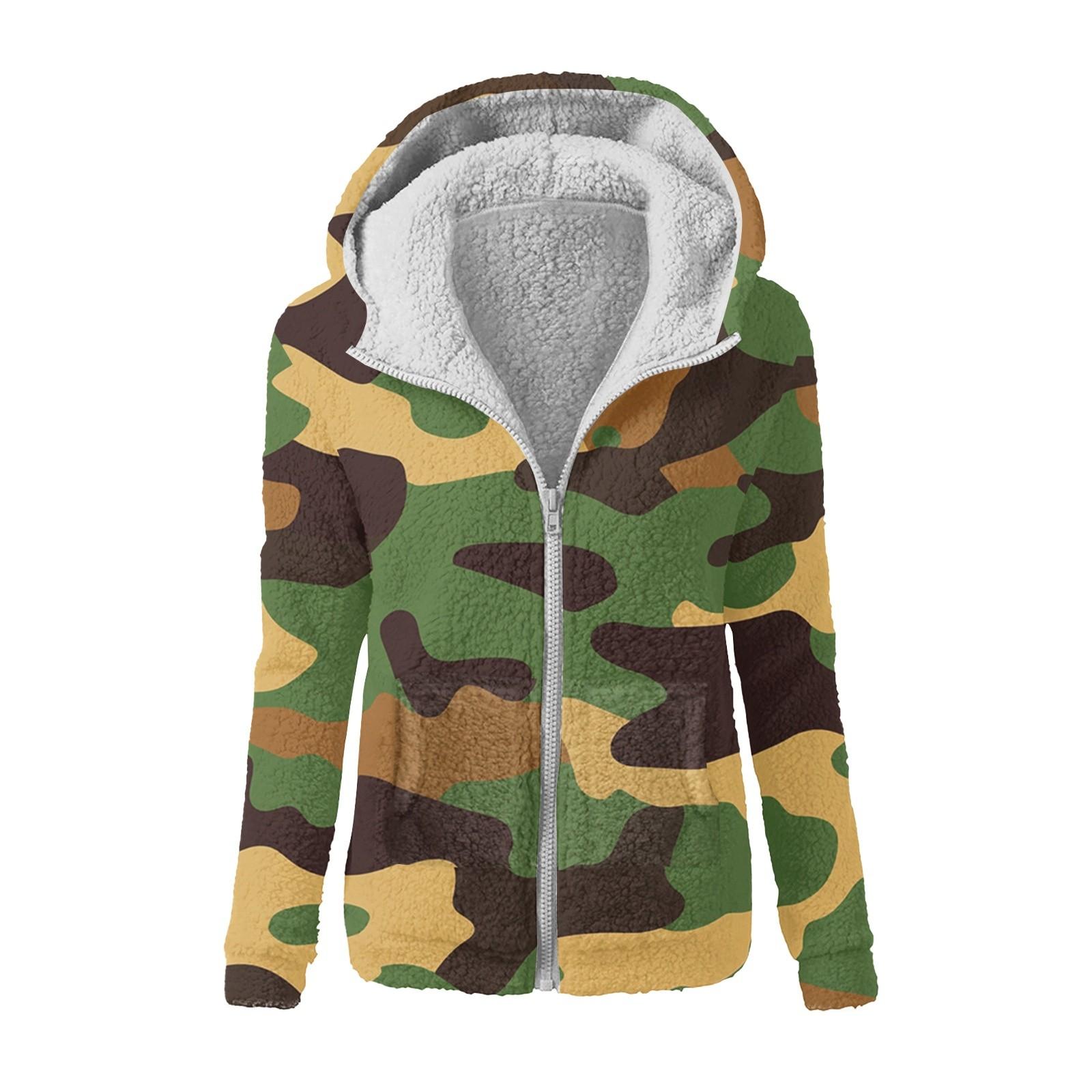 

Жіноча зимова камуфляжна повсякденна модна плюшева куртка на блискавці з капюшоном і принтом XXL