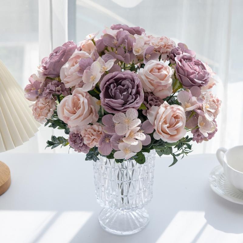 1Pcs Silk Flower 7-Forked Artificial Rose Hydrangea Handheld Flower Fillet Rose Dried Flower Wedding Decoration Flower Bouquet