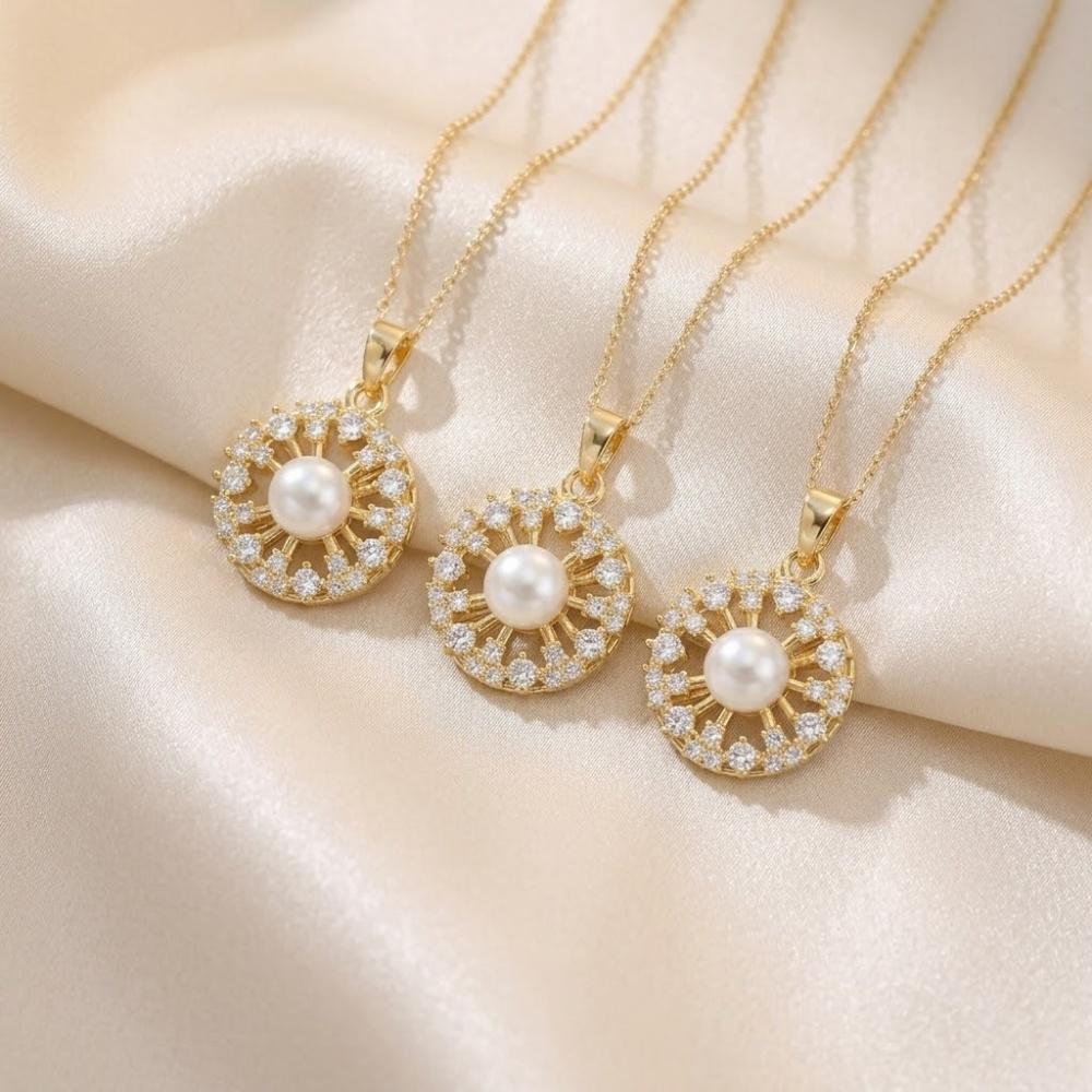 Cute Female White Zircon Stone Spinner Skeleton Pearl Round Pendant Necklace Gold Color Wedding Jewelry For Women