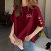 Women's Round Neck Short Sleeve Printed Loose Fit Korean Casual T Shirt Basic Top with Heart Graphic for Spring Daily Wear