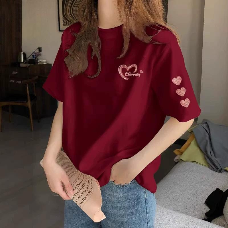 Women's Round Neck Short Sleeve Printed Loose Fit Korean Casual T Shirt Basic Top with Heart Graphic for Spring Daily Wear