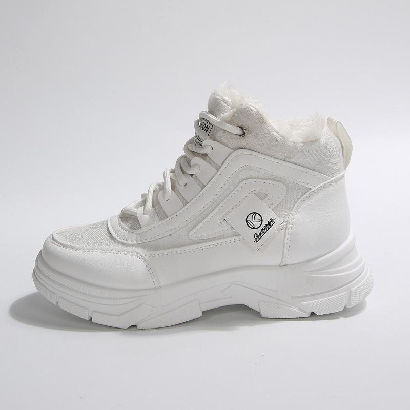 Podzimní a zimní korejská verze sametových kožených sněhulí střední výšky dámské barevně sladěné sametové sportovní bavlněné boty se silnou podrážkou na šněrování