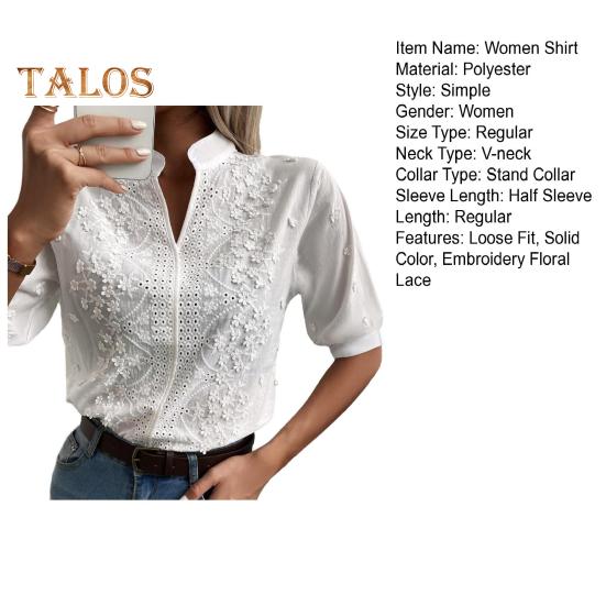 Women Casual Shirt Embroidery Floral Lace Solid Color Pullover Tops Stand Collar V-neck Half Sleeve Relaxed Fit Shirt