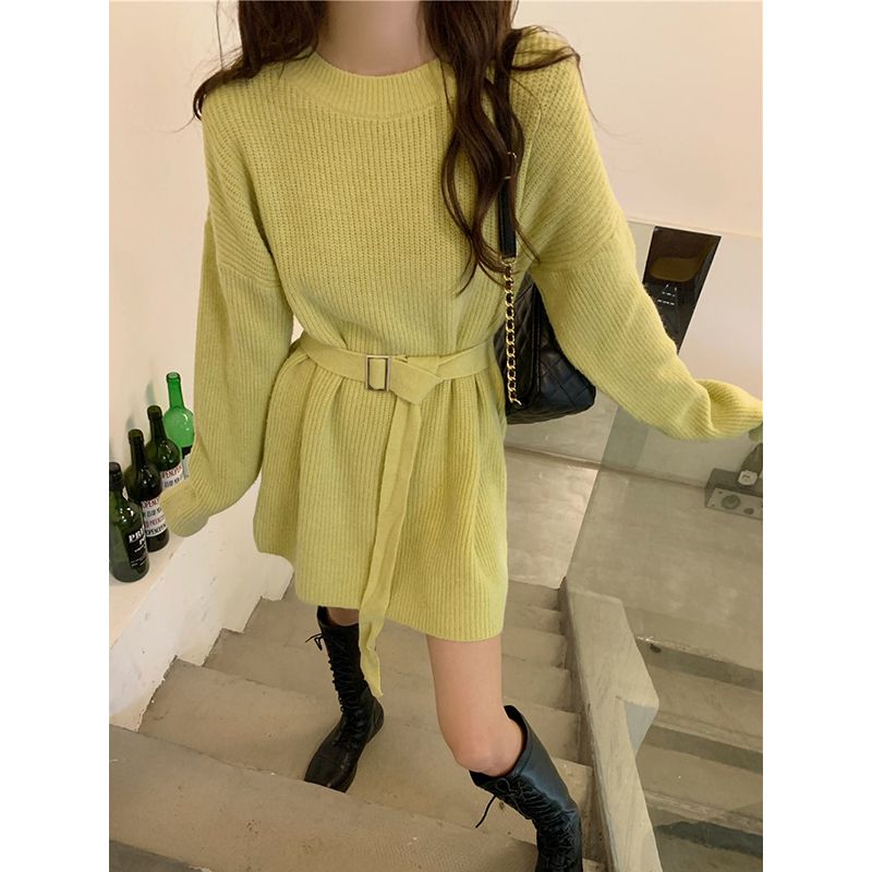 Women's Knit Dress Autumn Winter Simple Midi Sweater Dress Slim Fit Pullover Sweater Dress with Belt