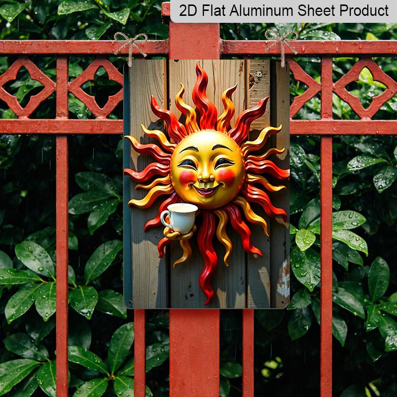 2D Flat, 1pc Vintage Embossed Metal Sign - Vibrant Sun Face with Coffee Cup Metal Wall Art, Rustic Aluminum Outdoor Decor for Garden, Patio, Porch