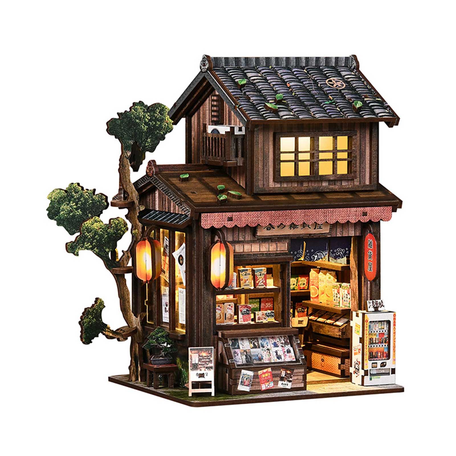 DIY Miniature Wooden House Model Kit Traditional Two Story Japanese Style Shop with Lights and Detailed Accessories for Home Decoration