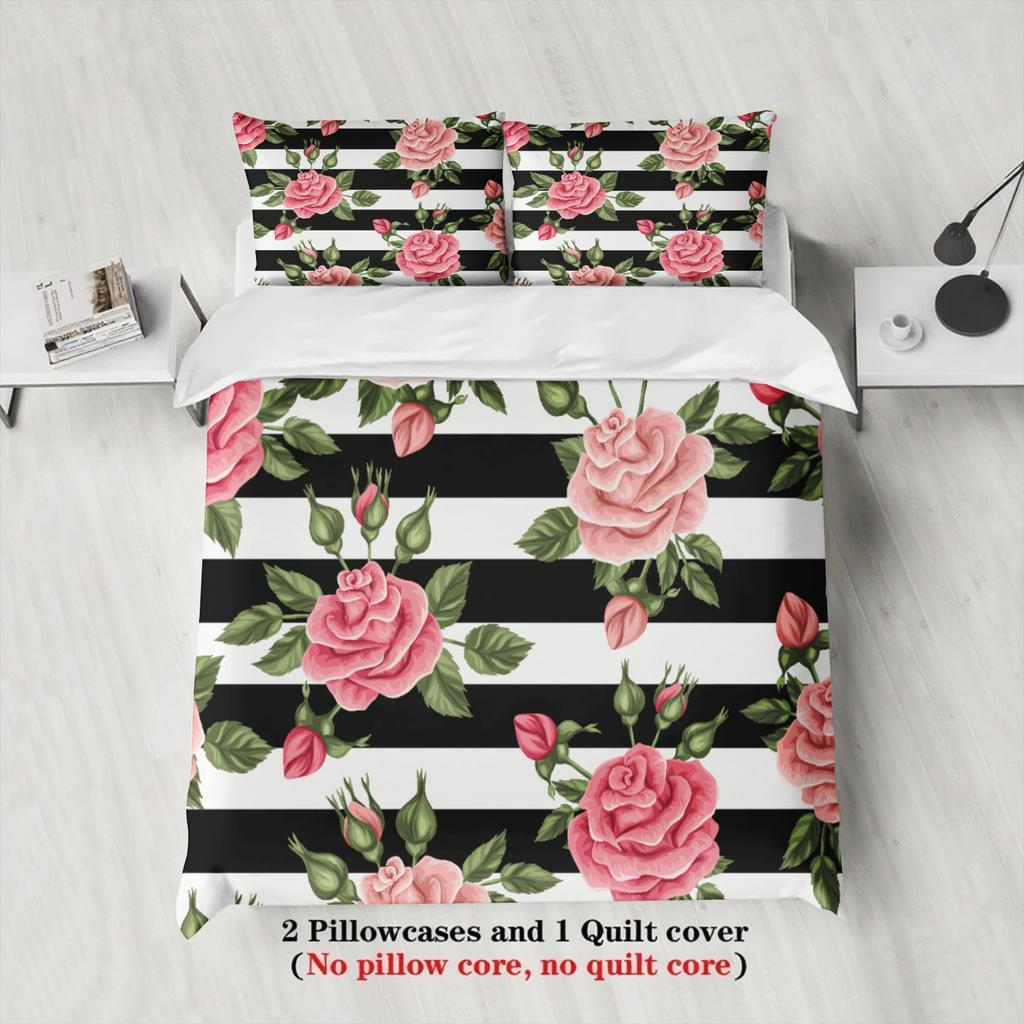 3pcs Rose Flower Bedding Sets 3D Printed Red Roses Black White Stripes Duvet Cover Sets With Pillowcases No Filling