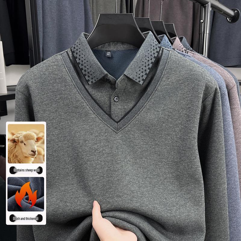 Herren Herbst/Winter Verdickter Samt Wolle Revers Zweiteiliger Lagenpullover für Mittleres und Älteres Alter