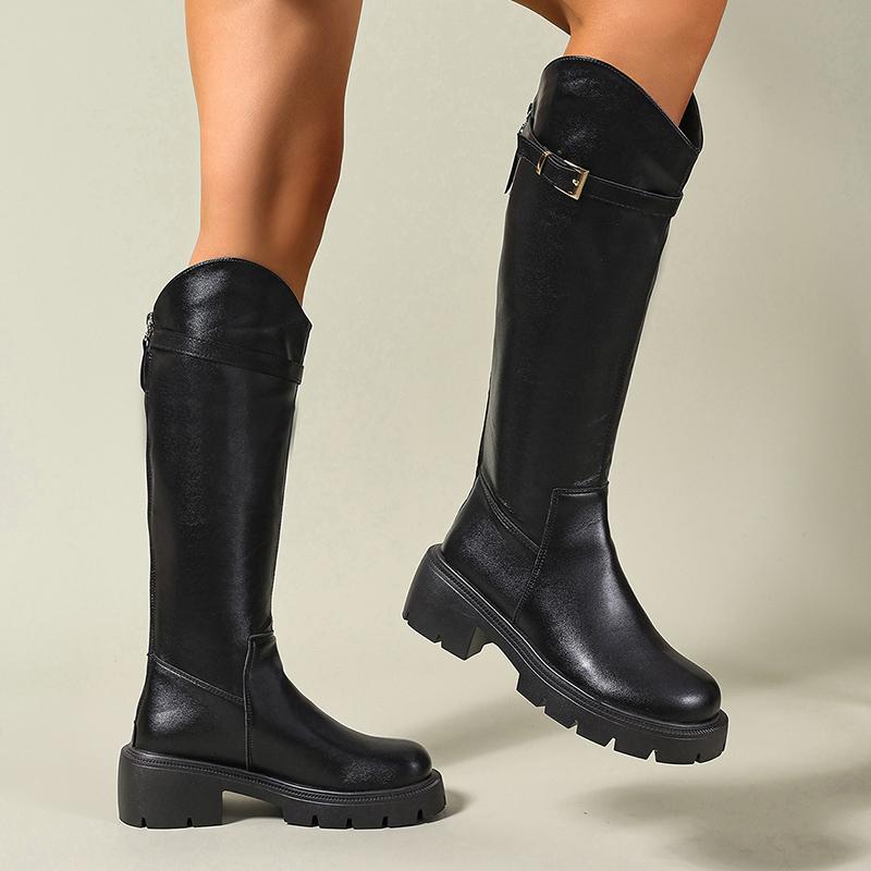 Women's Knee High Riding Boots Fashion Buckle Strap Chunky Heel Knight Boots Woman Black Platform Pu Leather Long Botas De Mujer
