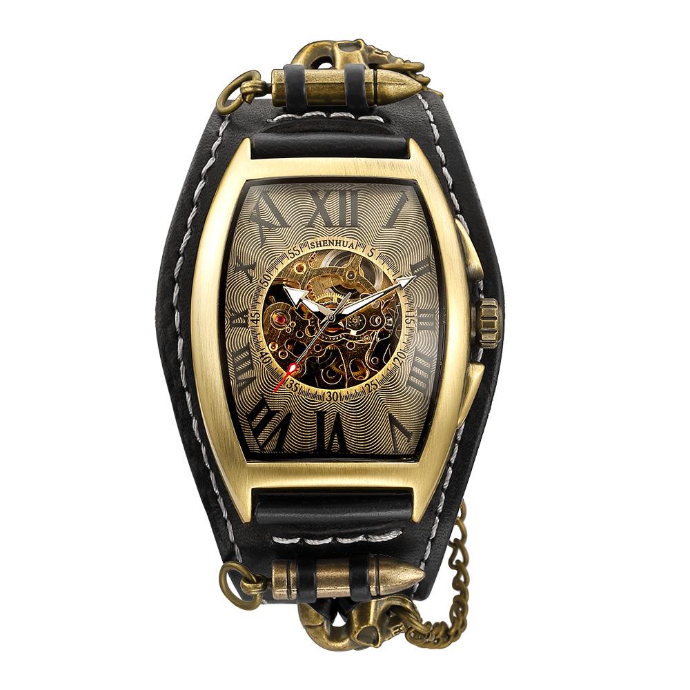 Shenhua Belt Rivet Buckle Men'S Barrel Shaped Hollow Skull Tourbillon Automatic Mechanical Watch