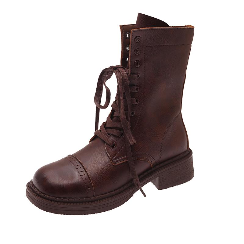 Women Mid Calf Boots Fashion Lace Up Platform Thick Heel Motorcycle Booties Retro Style Autumn Winter Female Shoes S13