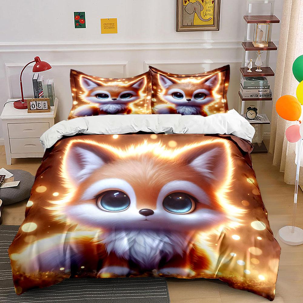 Cute Little Fox With Dreamy Lights Duvet Cover Set With 3D Printing Design Soft Polyester Bedding Set All-Season Comfort