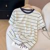 Summer Short-sleeved T-shirt Women's Design Sense Simple American Striped Korean Contrasting Color Round Neck Women's New Top