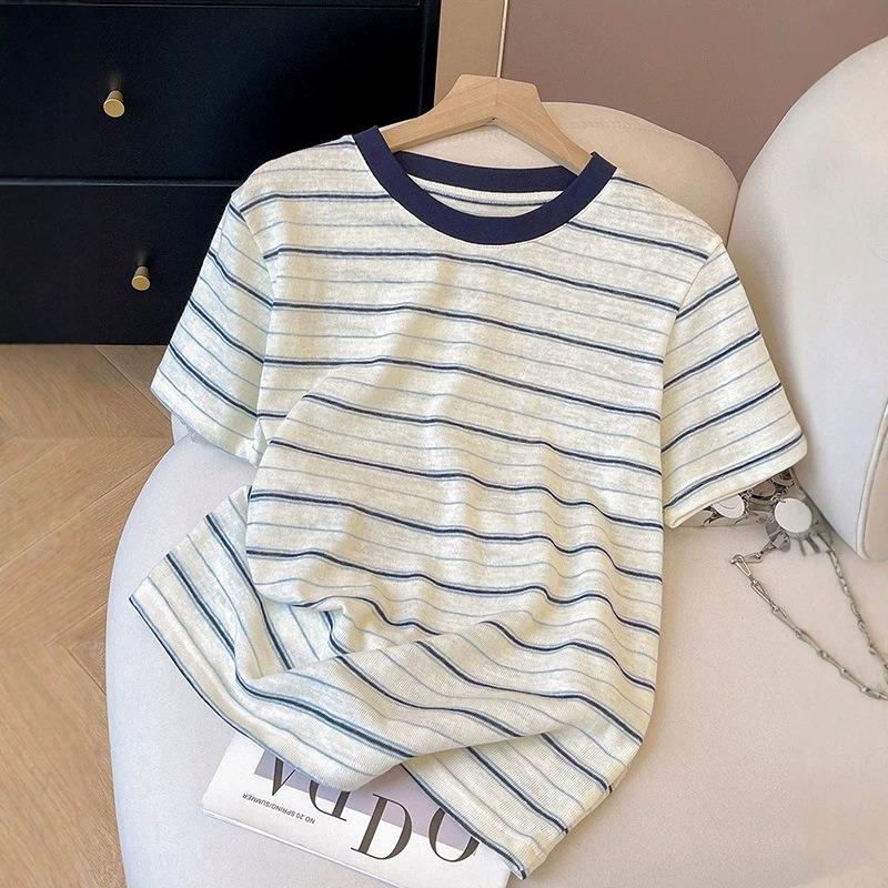 Summer Short-sleeved T-shirt Women's Design Sense Simple American Striped Korean Contrasting Color Round Neck Women's New Top