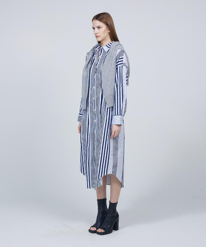 Meuameu [Essential] Side Pleated Stripe Shirt Dress