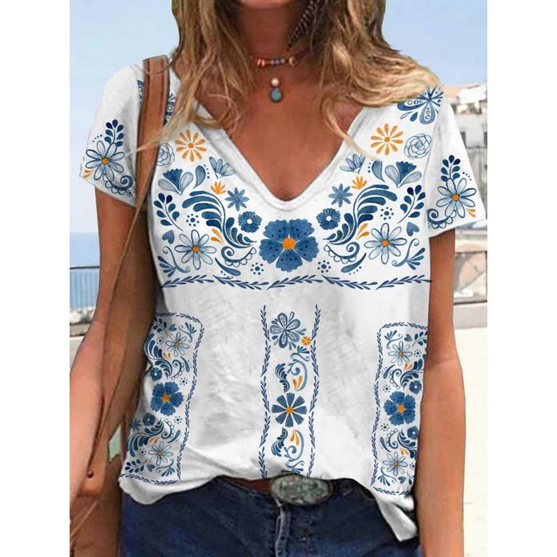 Summer V-neck 3D Retro Ethnic Style Printed Top Fashionable Casual Short Sleeved Women's T-shirts